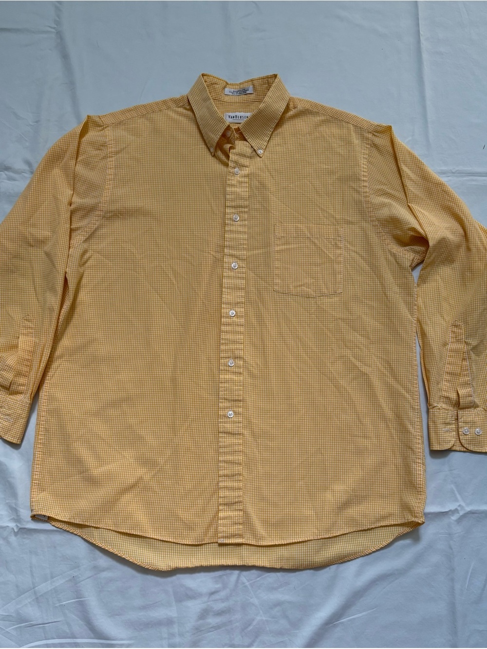 Van Heusen Shirt Mens 17 34/35 Yellow Check Broadcloth Button-Down Dress
